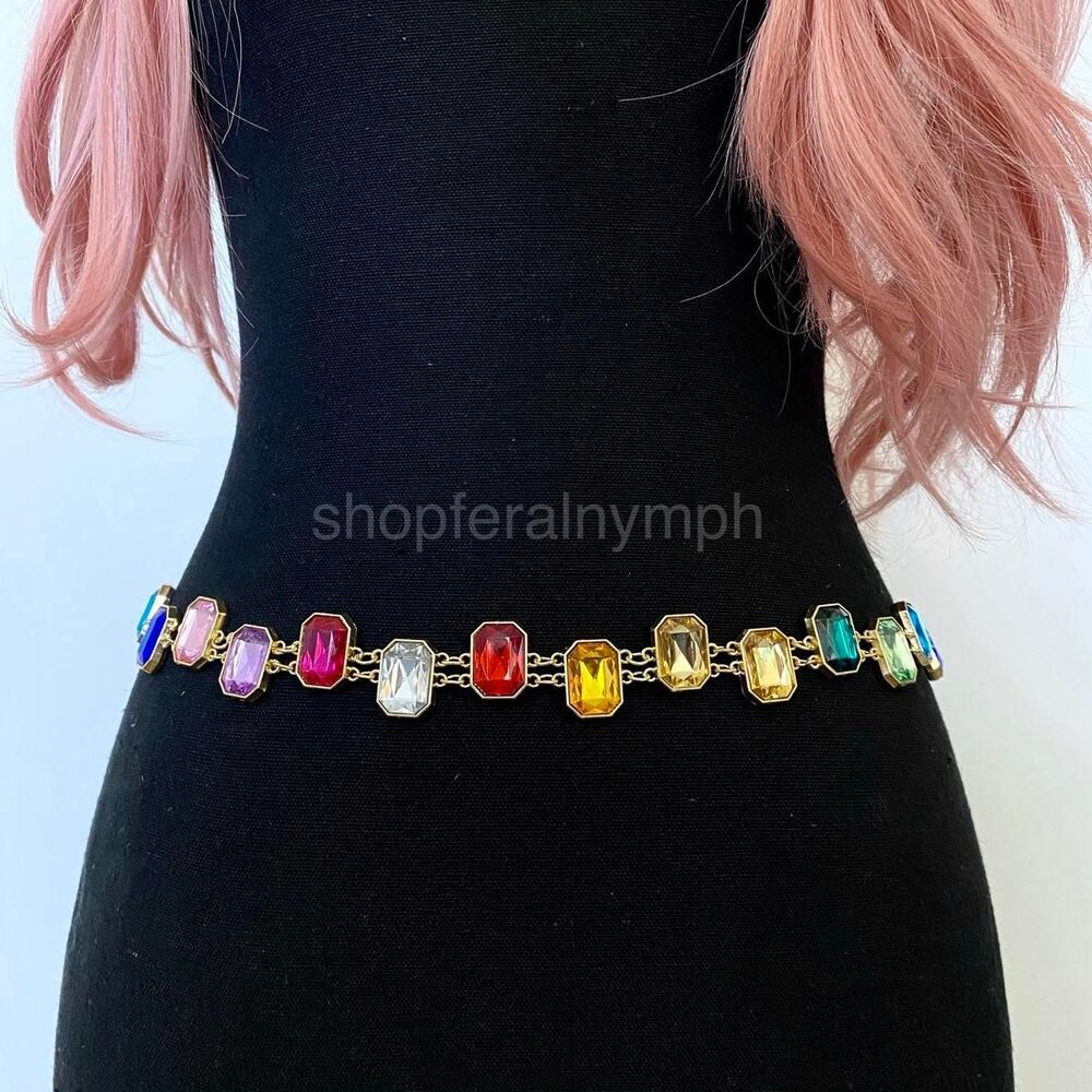 Gold Y2K Rainbow Jewel Waist Chain Belt, Fits 18-37 Inches, X7GA1292